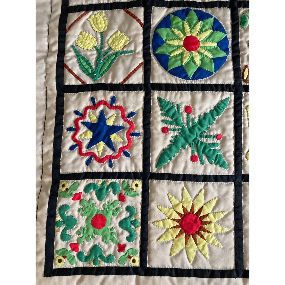 Vintage 1985 Handmade Sampler Album Quilt Applique Hand Quilted Rare 40x40